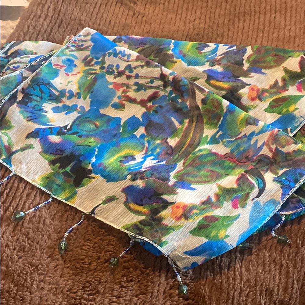 Blue and Green Abstract Floral Scarf Lightweight Wrap